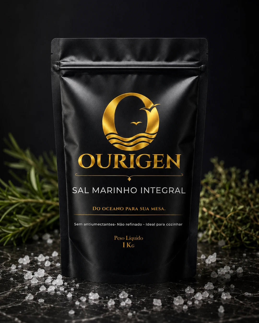 Ourigen Sal Marinho Integral na bancada da cozinha